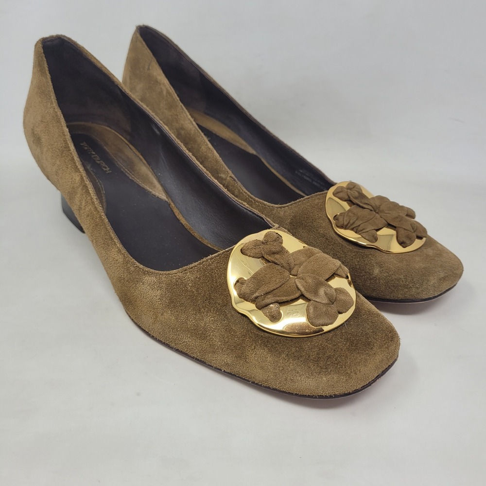 Tory Burch Heels 10M Brown Green Suede Medallion Pumps Block Heel Office Work